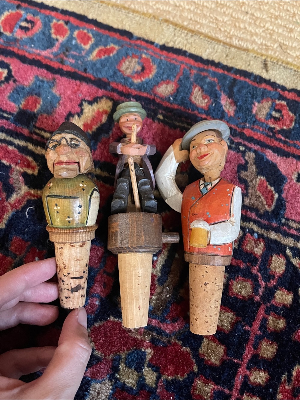 Hand-Carved articulated Wood Bottle Stoppers – Set of 3 Rustic Figurine Designs